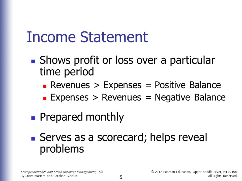 Income Statement Shows profit or loss over a particular time period