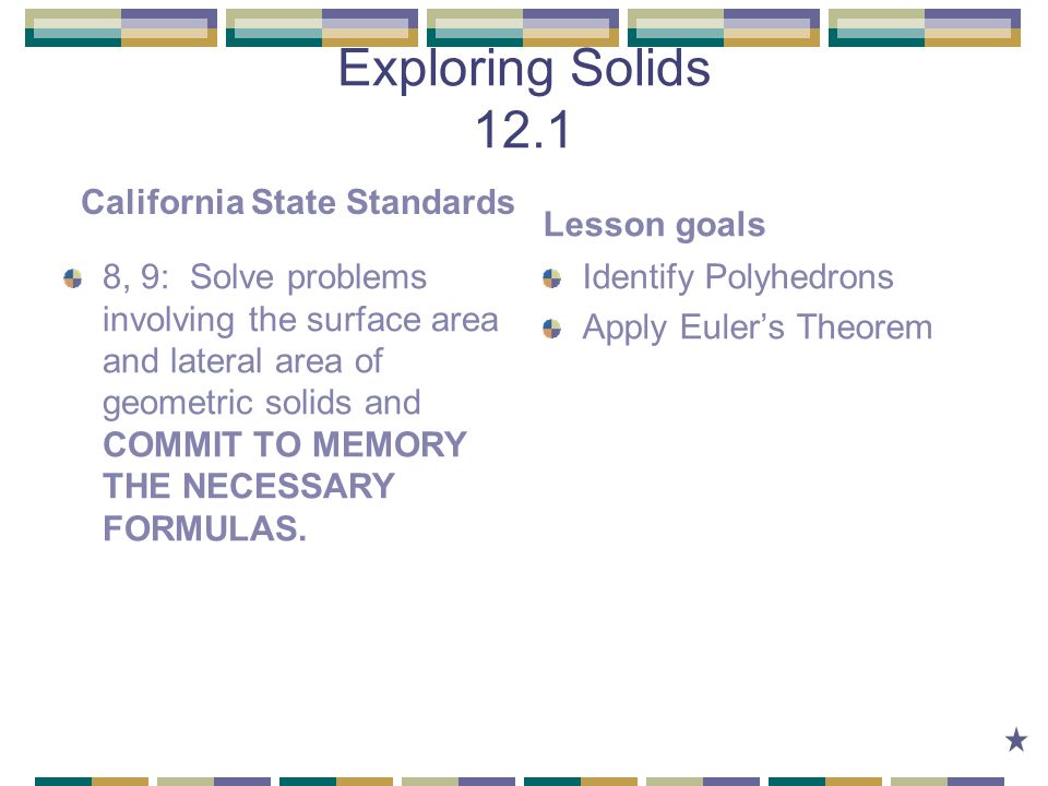Exploring Solids 12.1 California State Standards Lesson goals
