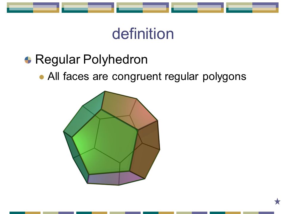 definition Regular Polyhedron All faces are congruent regular polygons