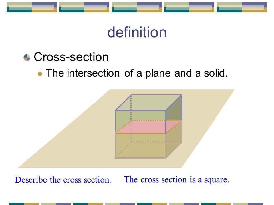 definition Cross-section The intersection of a plane and a solid.