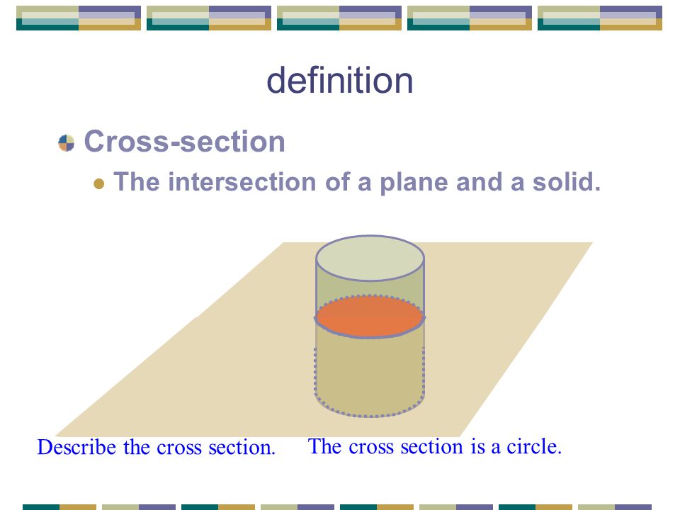 definition Cross-section The intersection of a plane and a solid.
