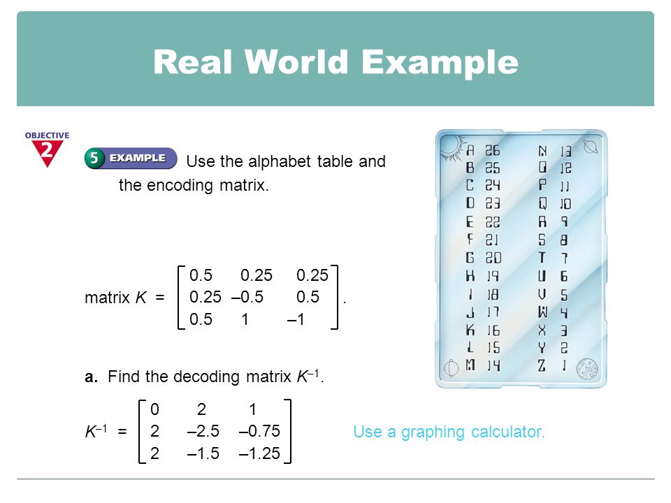 Real World Example Use the alphabet table and the encoding matrix.