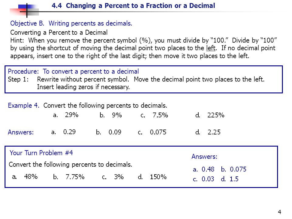 Objective B. Writing percents as decimals.