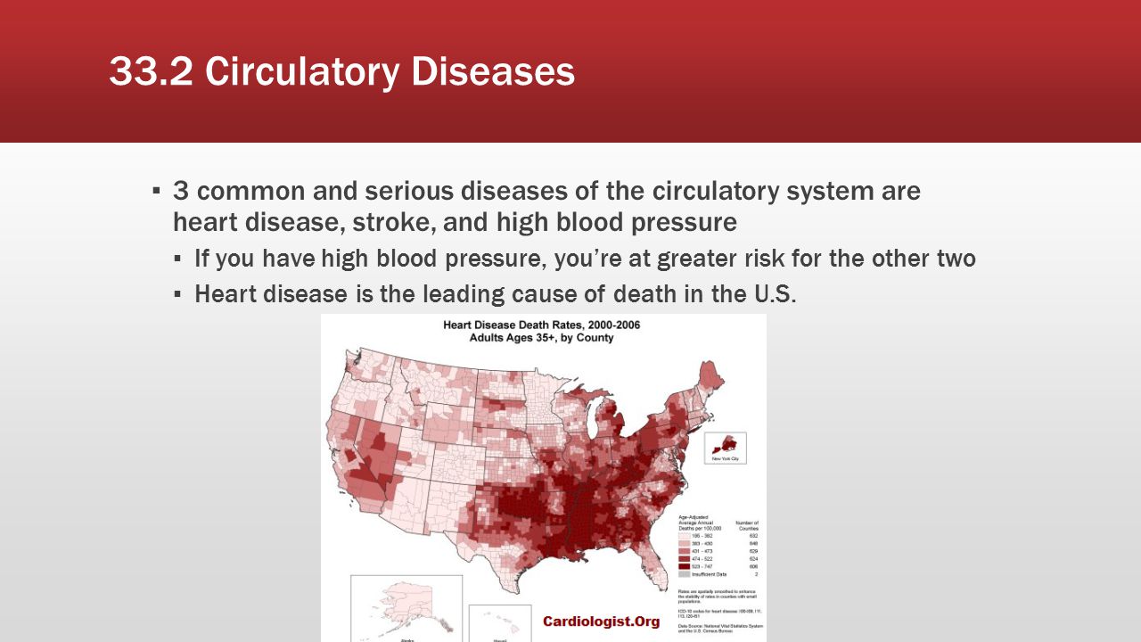 33.2 Circulatory Diseases 3 common and serious diseases of the circulatory system are heart disease, stroke, and high blood pressure.