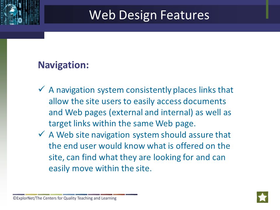 Web Design Features Navigation: