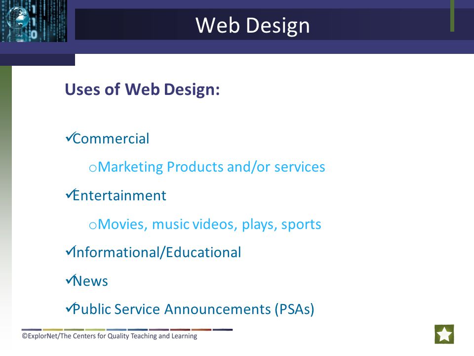 Web Design Uses of Web Design: Commercial