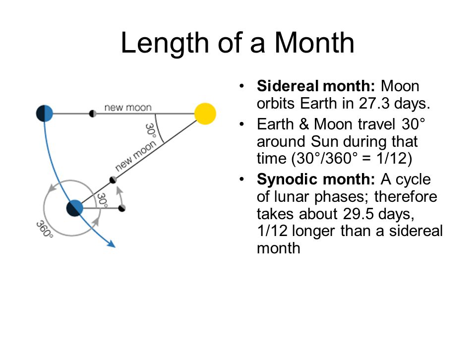 Length of a Month Sidereal month: Moon orbits Earth in 27.3 days.