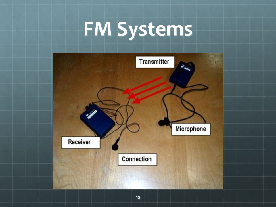 FM Systems A FM system (radio broadcast) uses a FCC-restricted set of radio frequency bands to broadcast sound to a person with a hearing impairment.