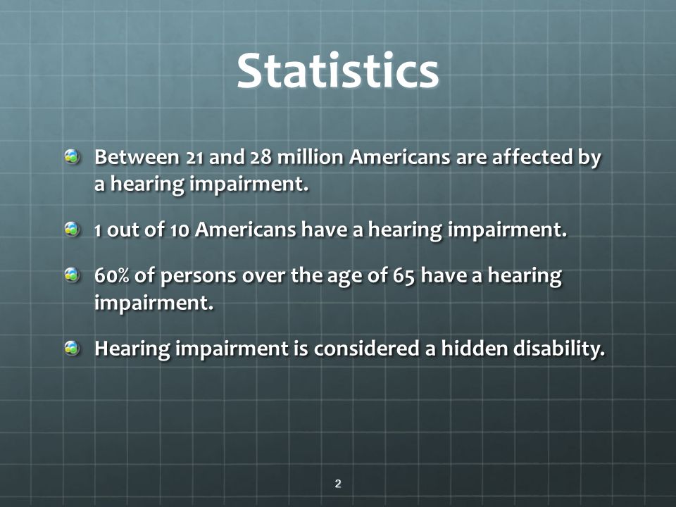 Statistics Between 21 and 28 million Americans are affected by a hearing impairment. 1 out of 10 Americans have a hearing impairment.