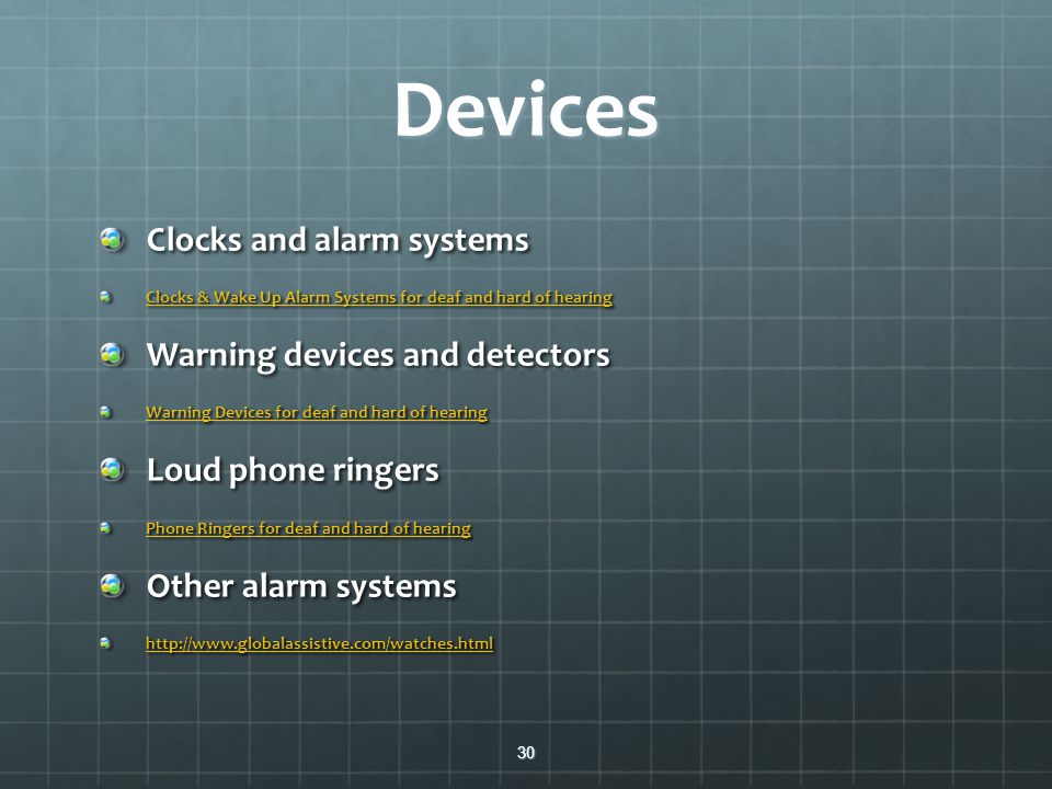 Devices Clocks and alarm systems Warning devices and detectors