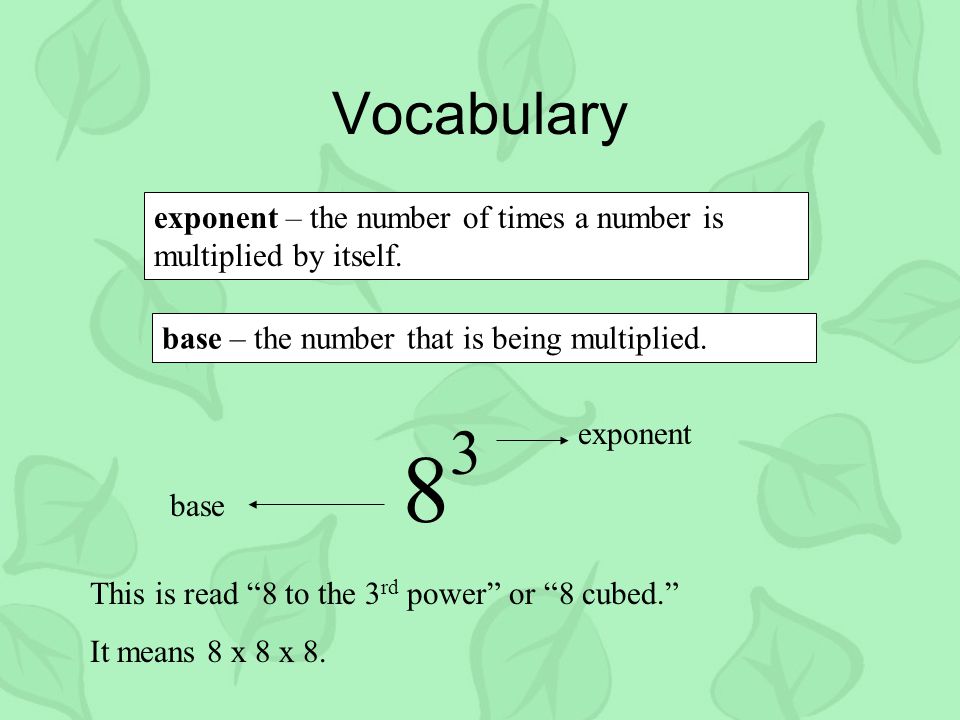 Vocabulary exponent – the number of times a number is multiplied by itself. base – the number that is being multiplied.