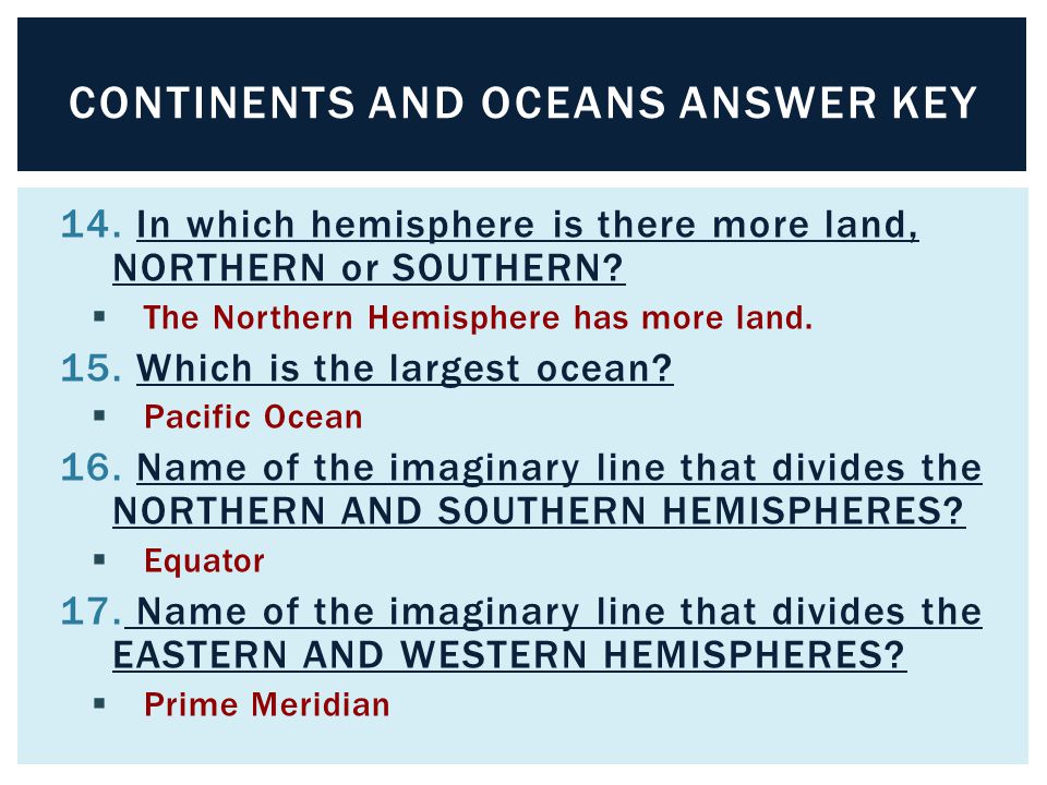 Continents and Oceans Answer Key