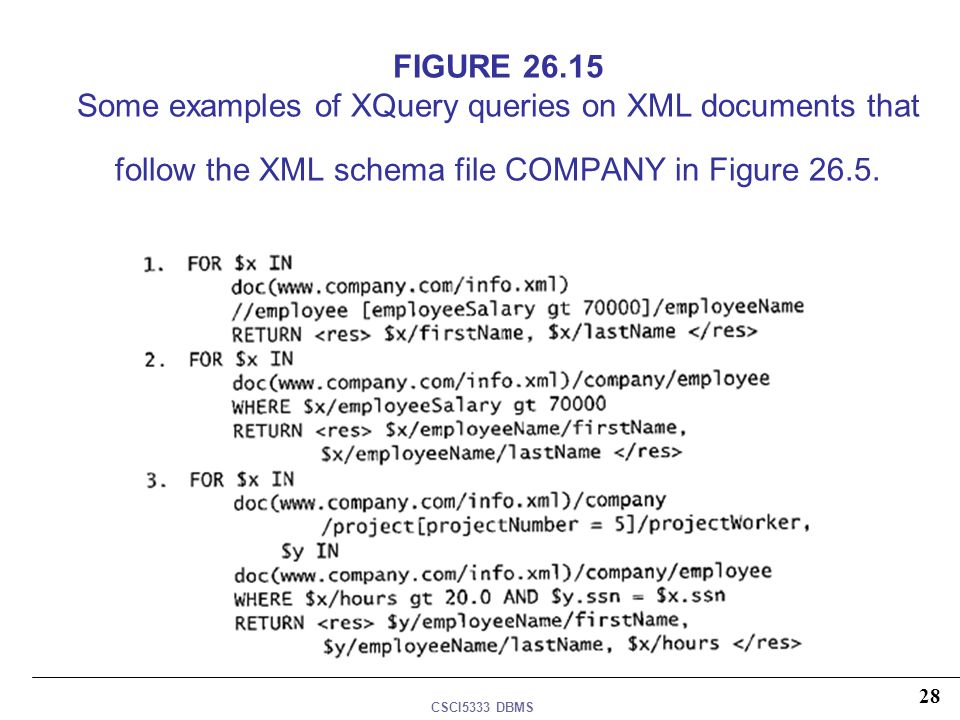 FIGURE Some examples of XQuery queries on XML documents that follow the XML schema file COMPANY in Figure 26.5.