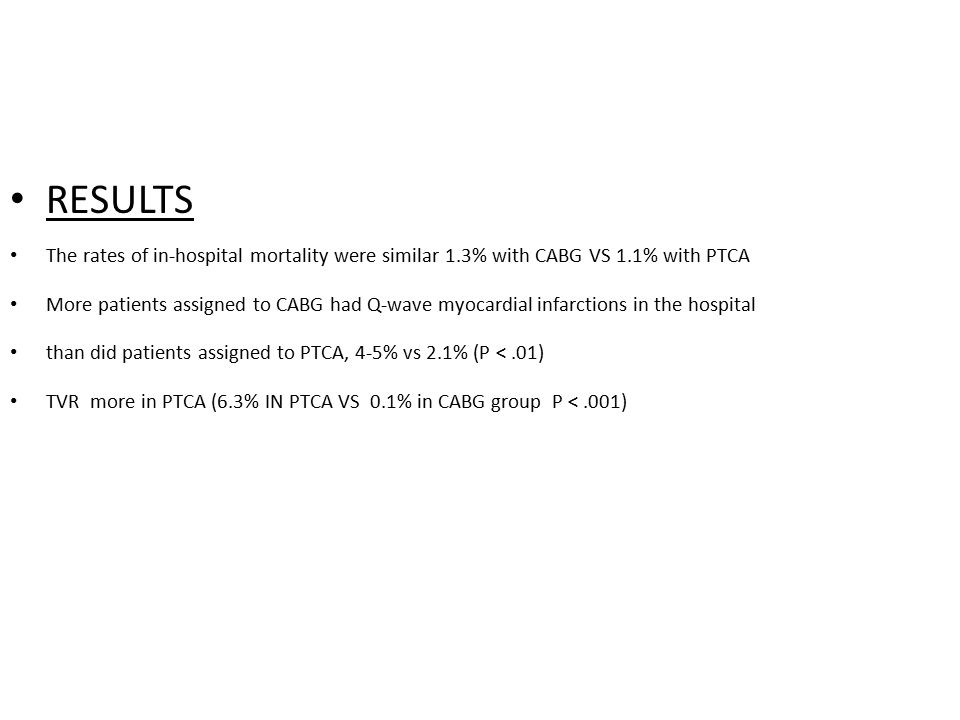 RESULTS The rates of in-hospital mortality were similar 1.3% with CABG VS 1.1% with PTCA.