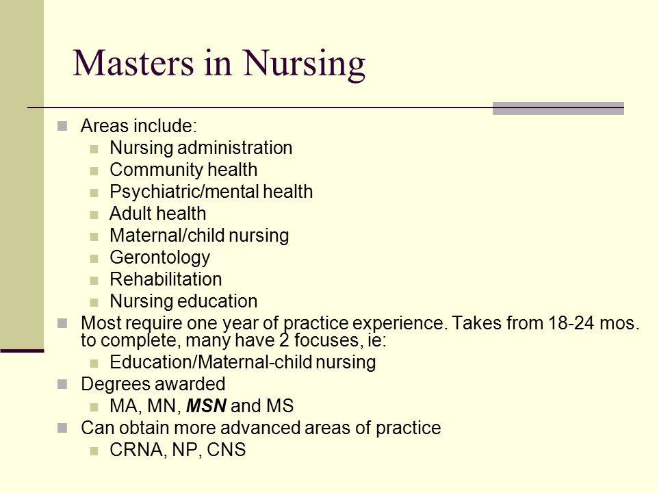 Masters in Nursing Areas include: Nursing administration