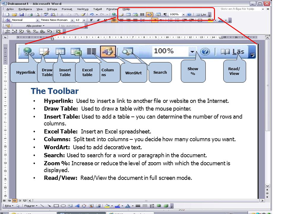 Show % Read/View. Hyperlink. Draw Table. Insert Table. Excel table. Columns. WordArt. Search.