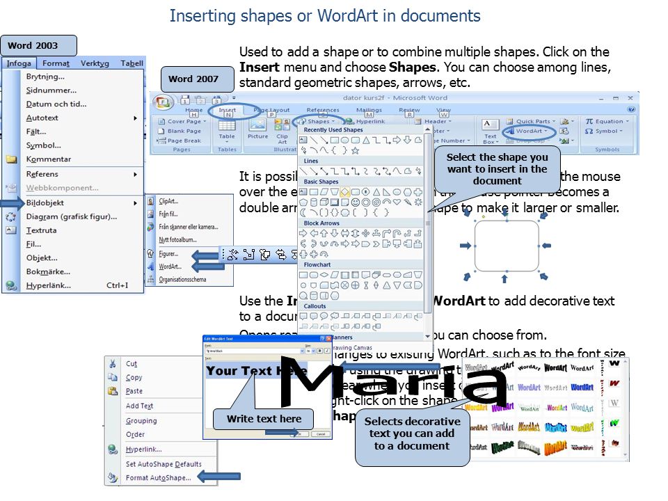 Inserting shapes or WordArt in documents