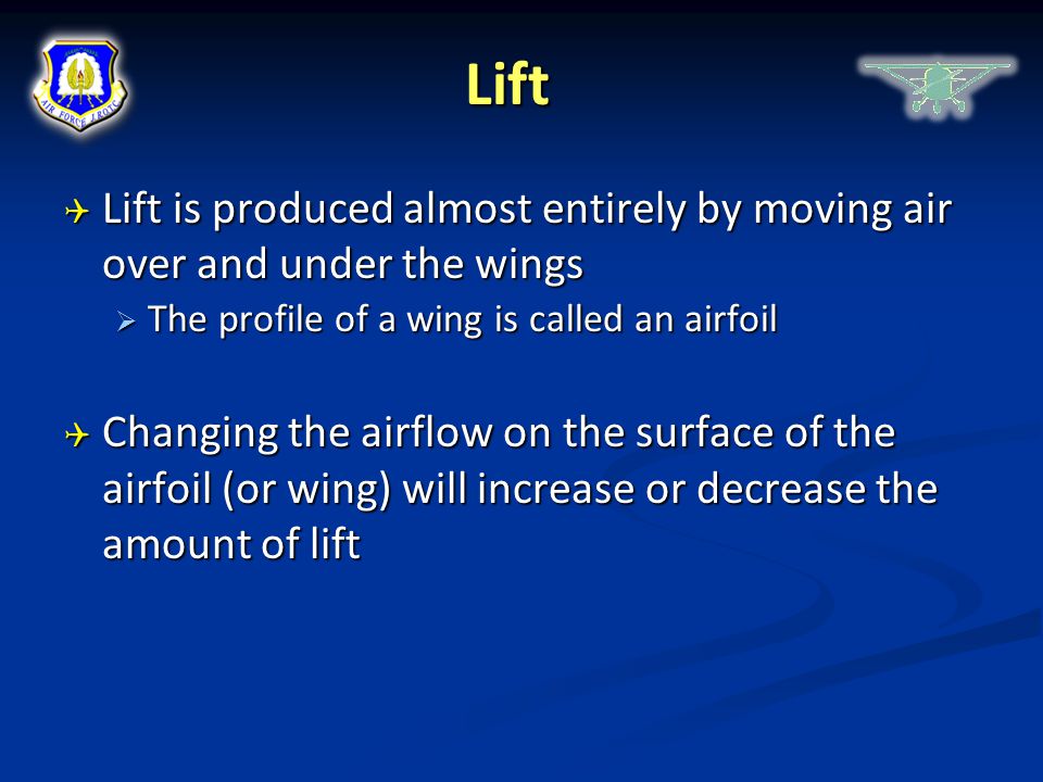 Lift Lift is produced almost entirely by moving air over and under the wings. The profile of a wing is called an airfoil.