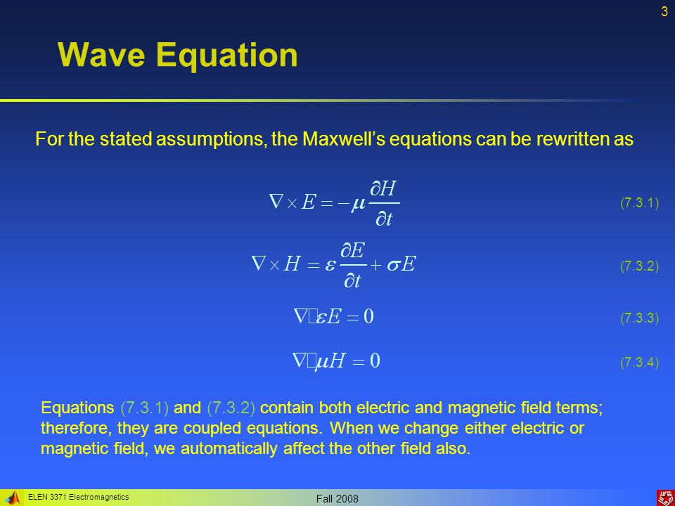 Wave Equation For the stated assumptions, the Maxwell’s equations can be rewritten as. (7.3.1) (7.3.2)