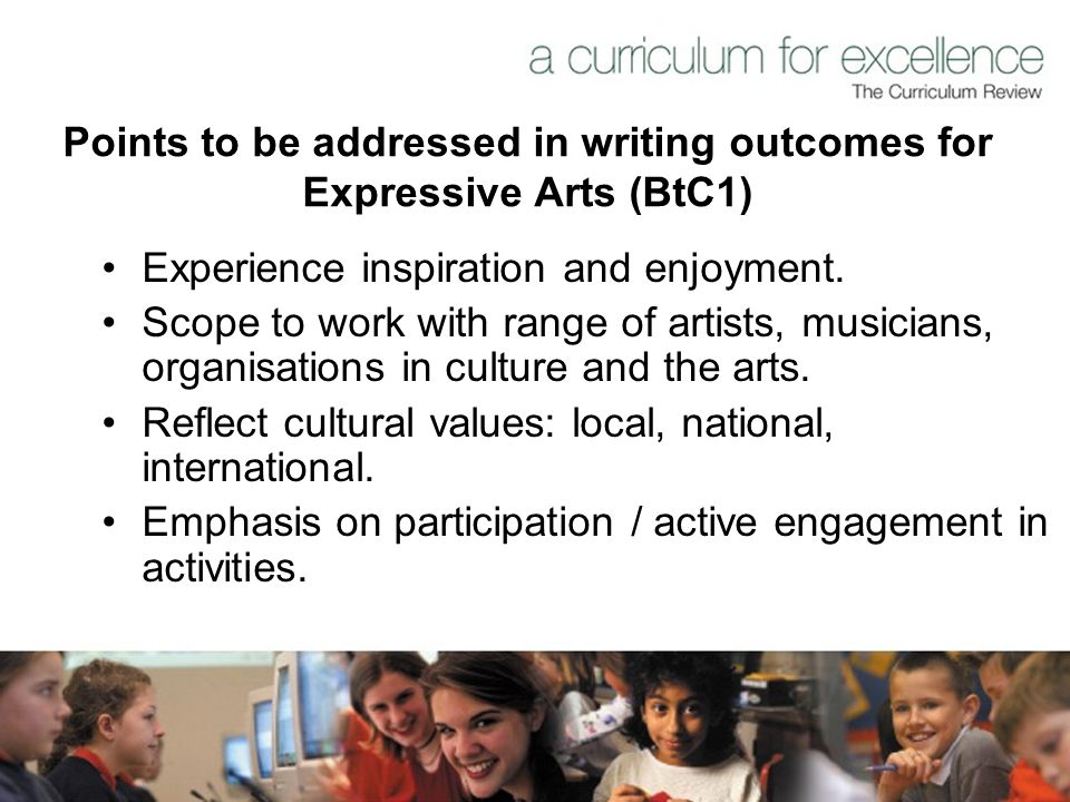 Points to be addressed in writing outcomes for Expressive Arts (BtC1)