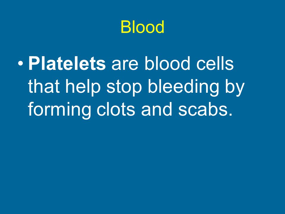Blood Platelets are blood cells that help stop bleeding by forming clots and scabs.