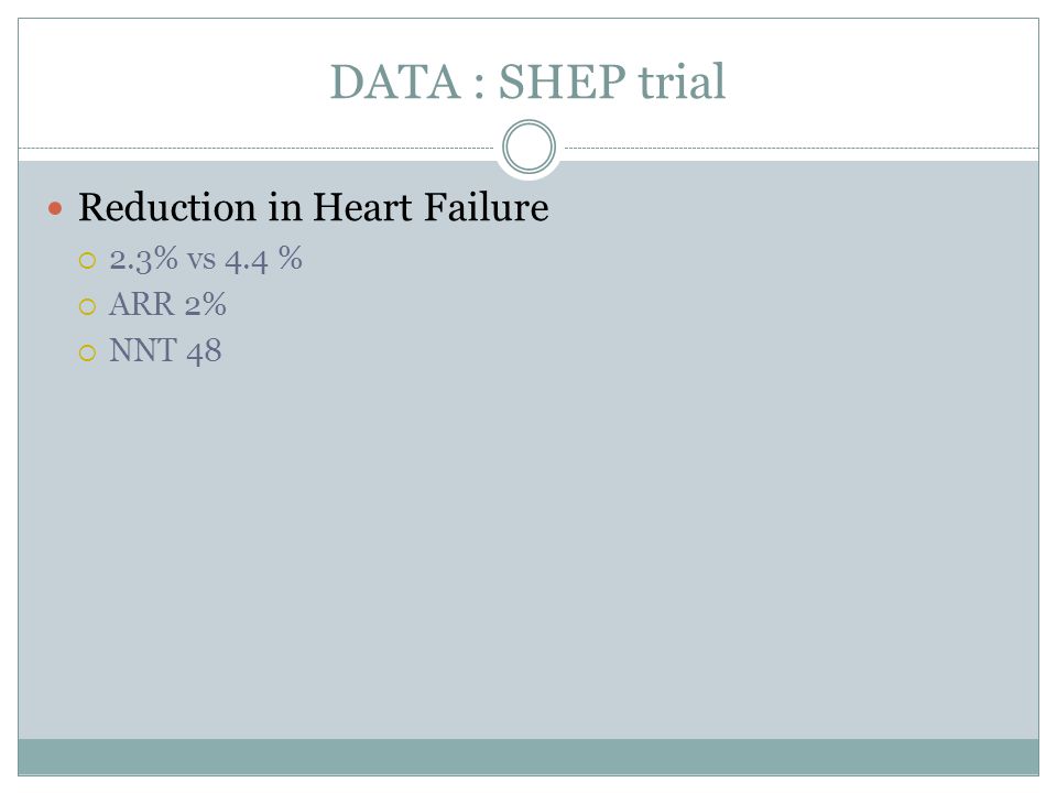 DATA : SHEP trial Reduction in Heart Failure 2.3% vs 4.4 % ARR 2%