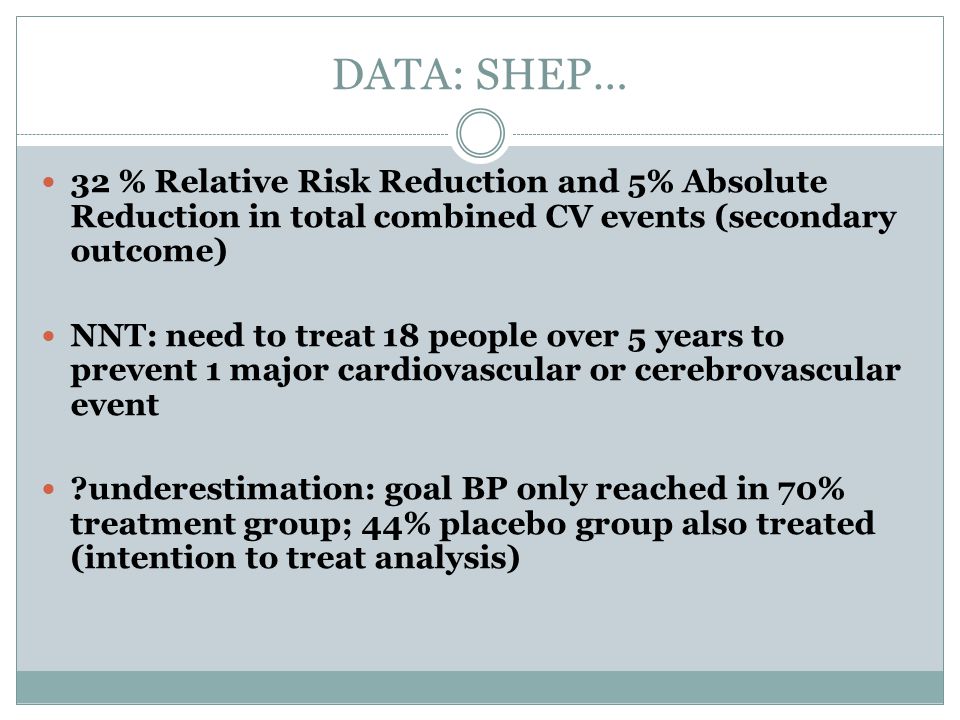 DATA: SHEP… 32 % Relative Risk Reduction and 5% Absolute Reduction in total combined CV events (secondary outcome)
