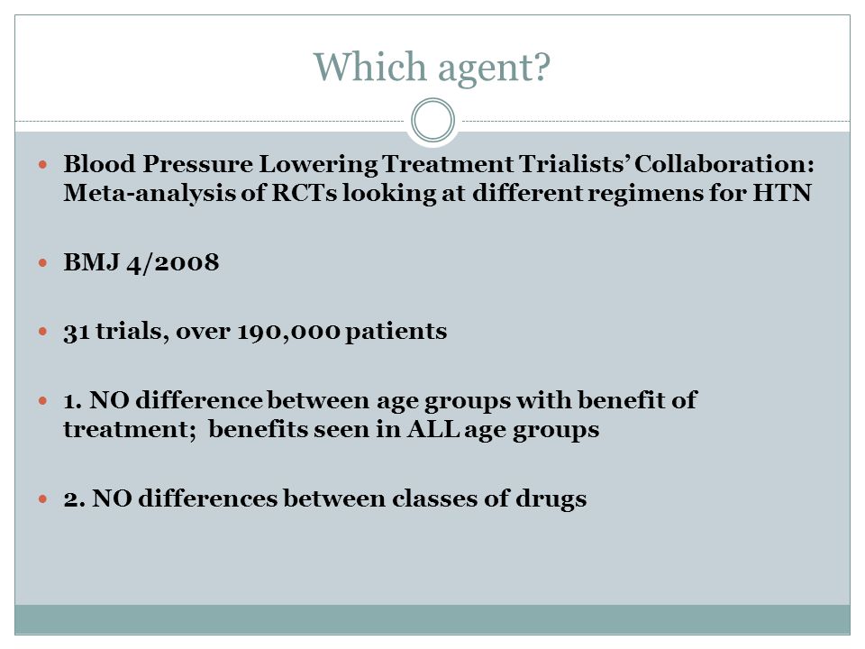 Which agent Blood Pressure Lowering Treatment Trialists’ Collaboration: Meta-analysis of RCTs looking at different regimens for HTN.