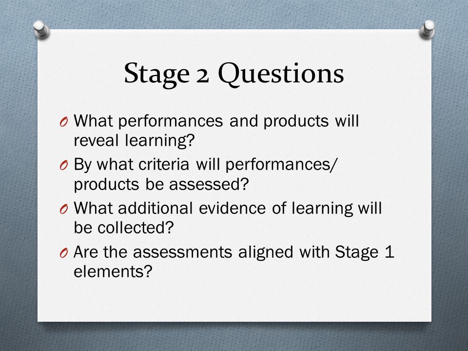 Stage 2 Questions What performances and products will reveal learning