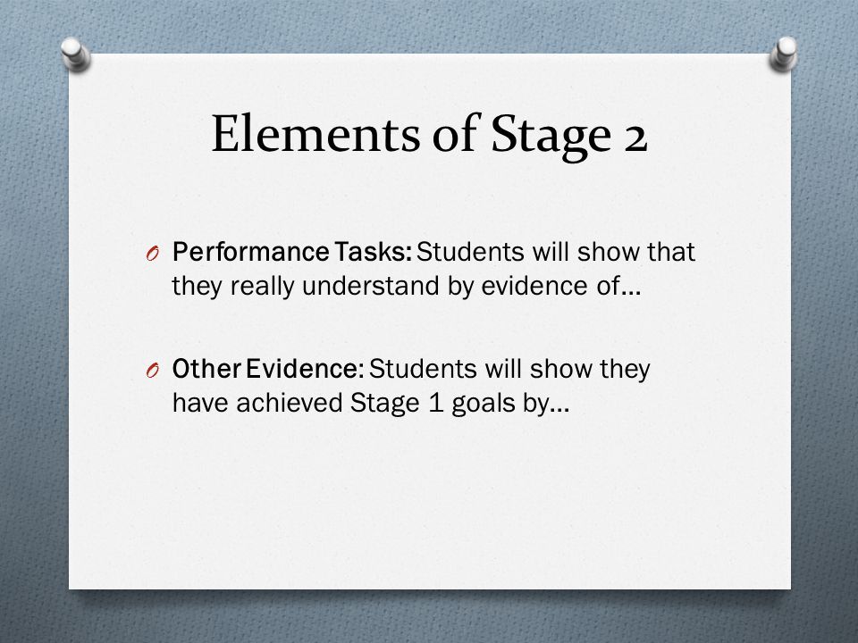 Elements of Stage 2 Performance Tasks: Students will show that they really understand by evidence of…