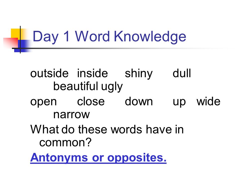 Day 1 Word Knowledge outside inside shiny dull beautiful ugly