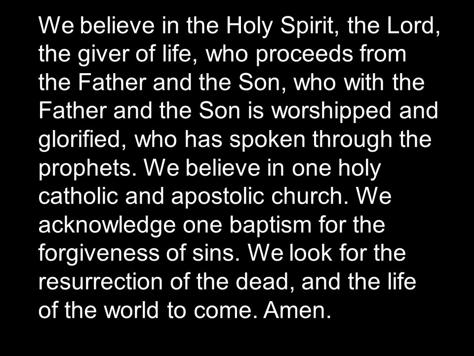 We believe in the Holy Spirit, the Lord, the giver of life, who proceeds from the Father and the Son, who with the Father and the Son is worshipped and glorified, who has spoken through the prophets.