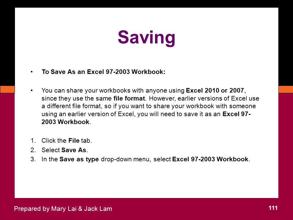 Saving To Save As an Excel Workbook:
