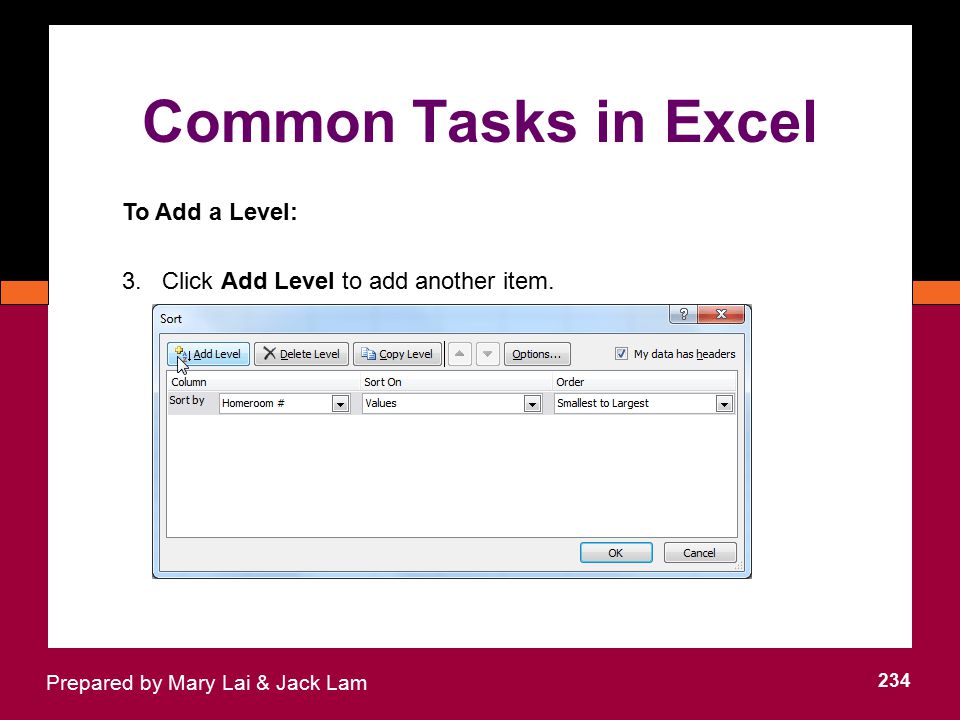 Common Tasks in Excel To Add a Level: