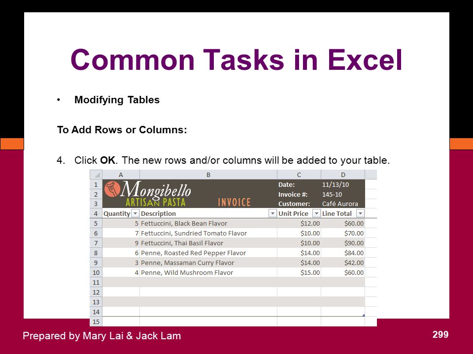 Common Tasks in Excel Modifying Tables To Add Rows or Columns: