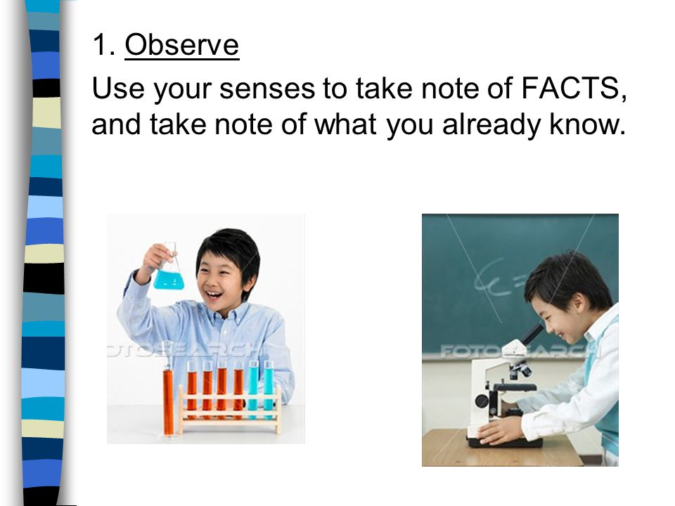 1. Observe Use your senses to take note of FACTS, and take note of what you already know.