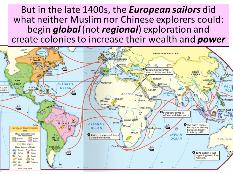 But in the late 1400s, the European sailors did what neither Muslim nor Chinese explorers could: begin global (not regional) exploration and create colonies to increase their wealth and power