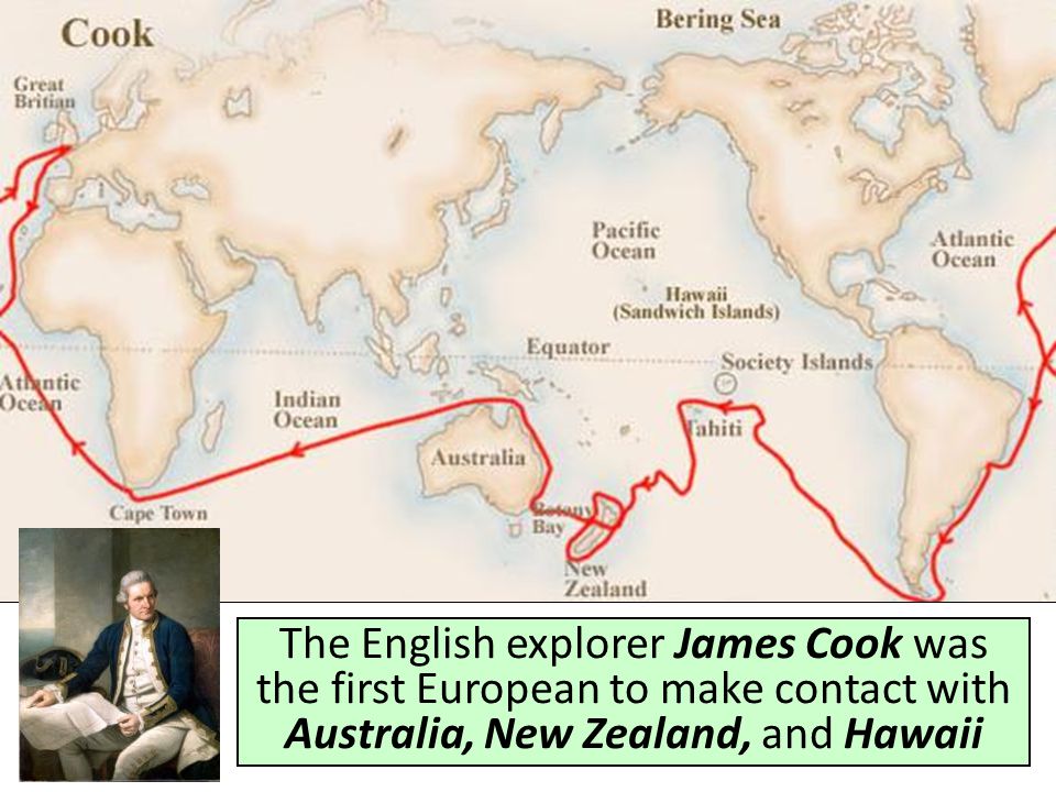The English explorer James Cook was the first European to make contact with Australia, New Zealand, and Hawaii