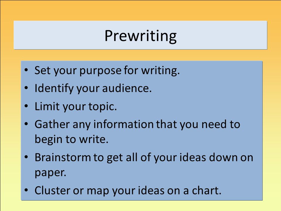 Prewriting Set your purpose for writing. Identify your audience.