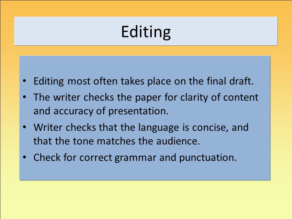 Editing Editing most often takes place on the final draft.