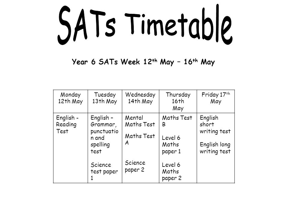 SATs Timetable Year 6 SATs Week 12th May – 16th May Monday 12th May