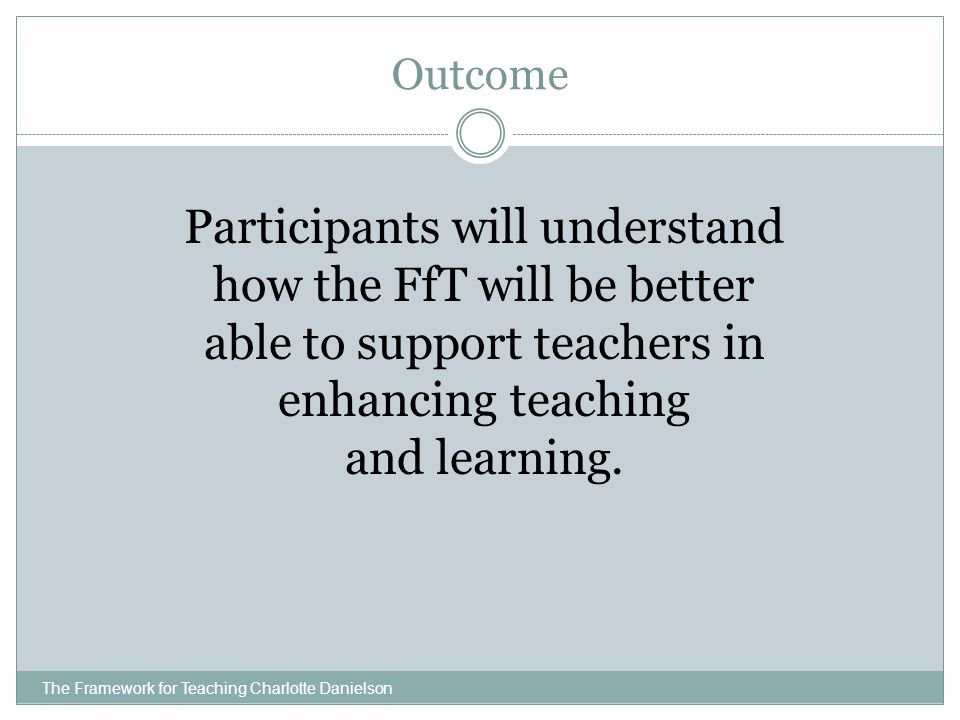 Outcome Participants will understand how the FfT will be better able to support teachers in enhancing teaching and learning.