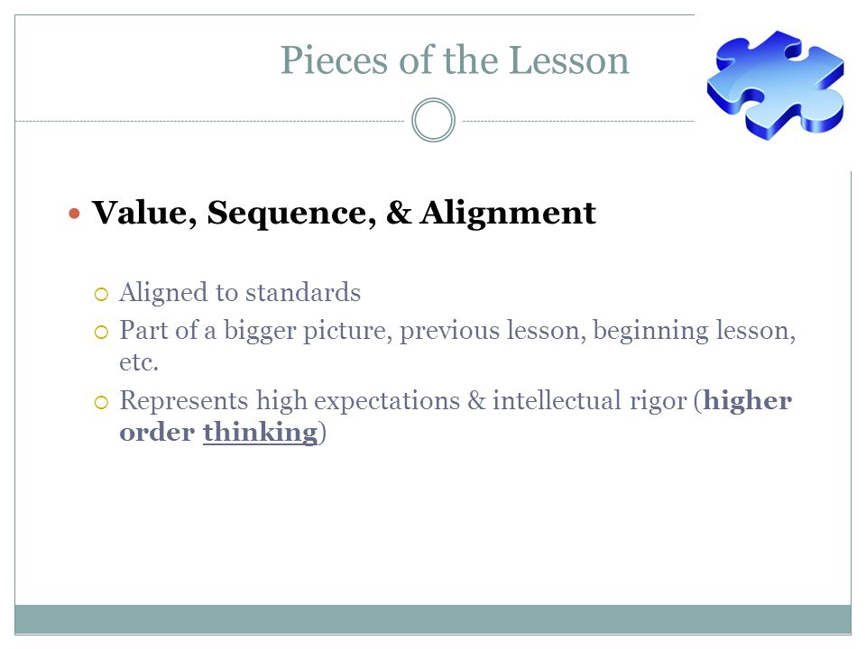 Pieces of the Lesson Value, Sequence, & Alignment Aligned to standards