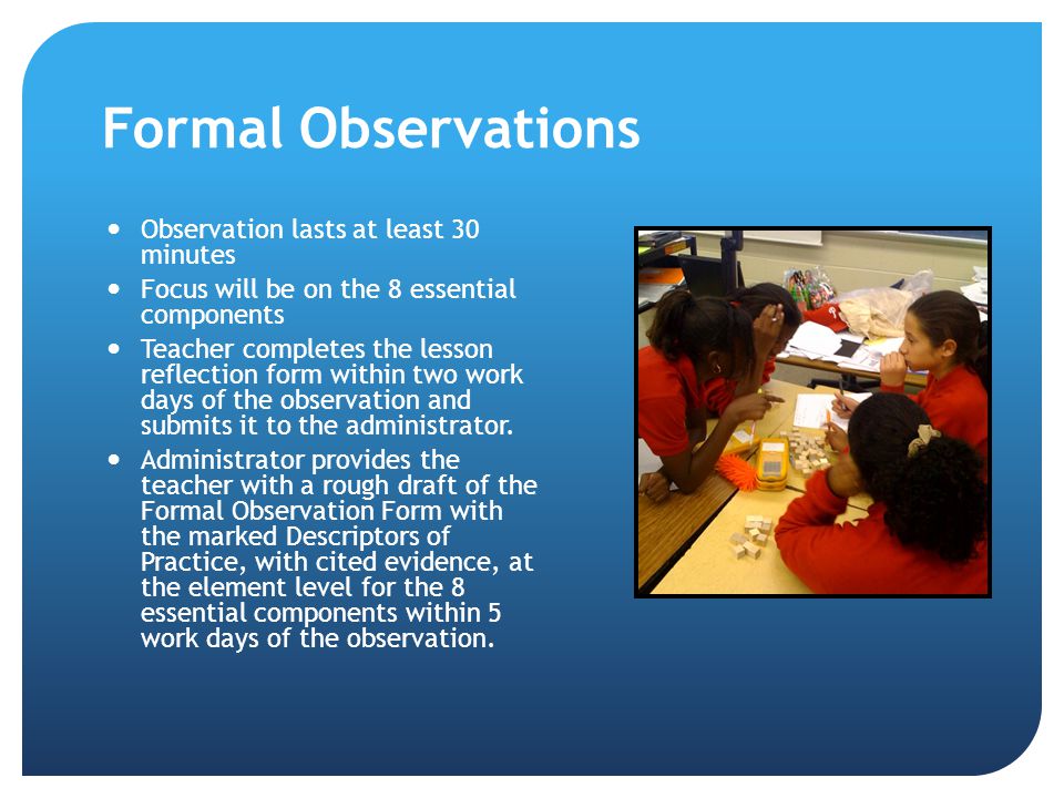 Formal Observations Observation lasts at least 30 minutes