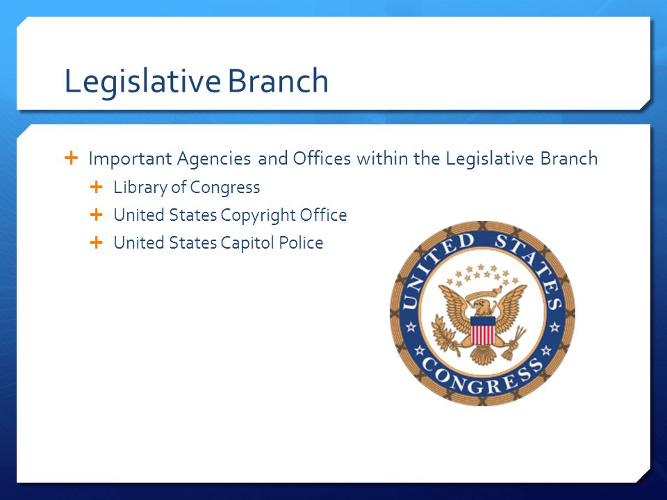 Legislative Branch Important Agencies and Offices within the Legislative Branch. Library of Congress.