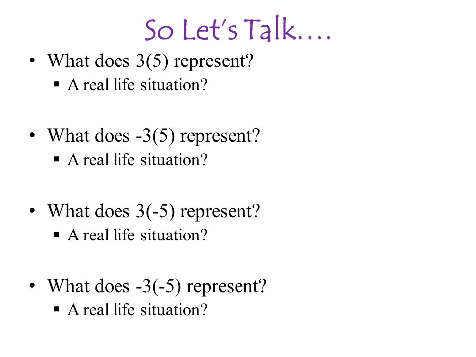 So Let’s Talk…. What does 3(5) represent What does -3(5) represent