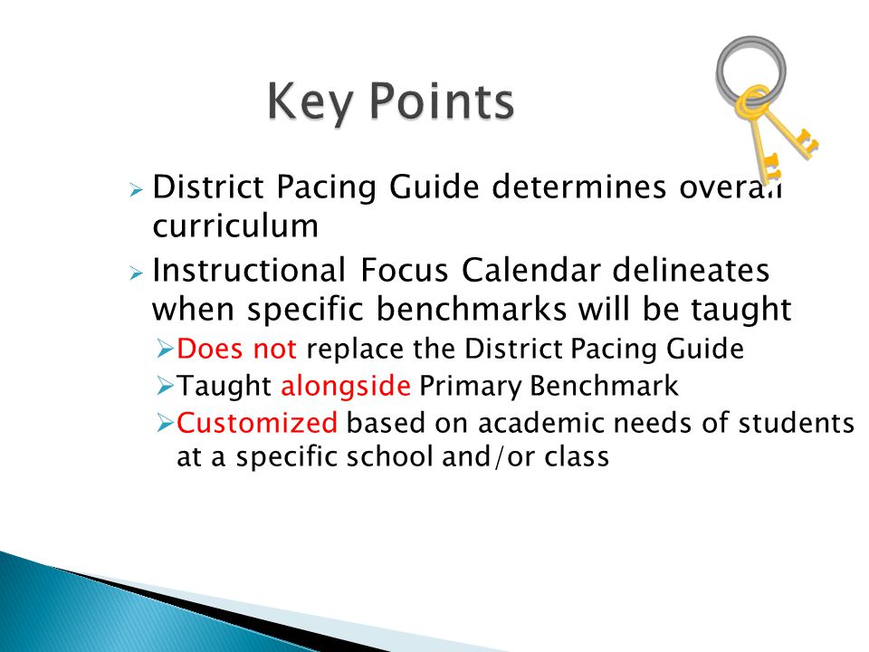 Key Points District Pacing Guide determines overall curriculum
