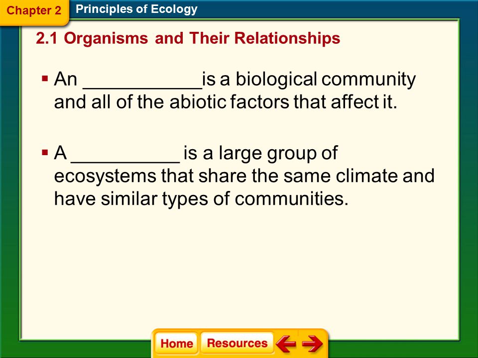 Chapter 2 Principles of Ecology. 2.1 Organisms and Their Relationships.