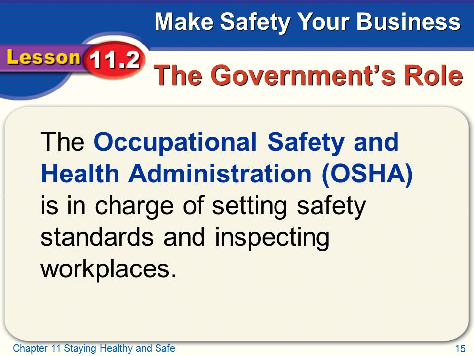 The Government’s Role The Occupational Safety and Health Administration (OSHA) is in charge of setting safety standards and inspecting workplaces.