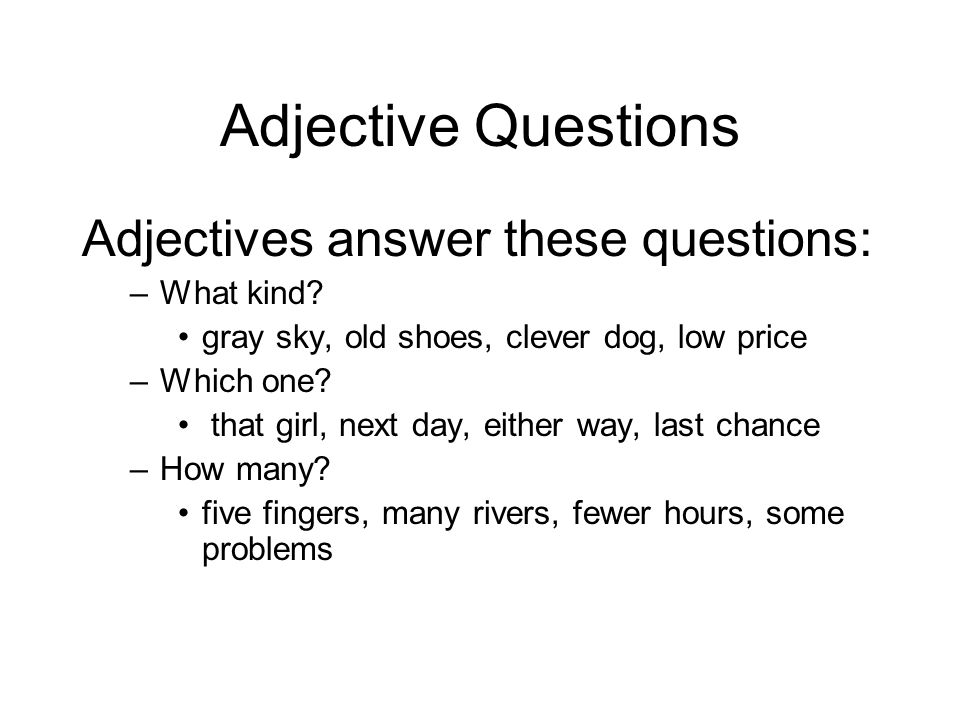 Adjective Questions Adjectives answer these questions: What kind